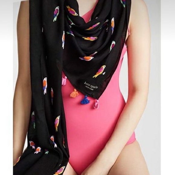 Kate Spade Black Multicolor Birds Scarf with Pompom Fringe Edge - Picture 2 of 13